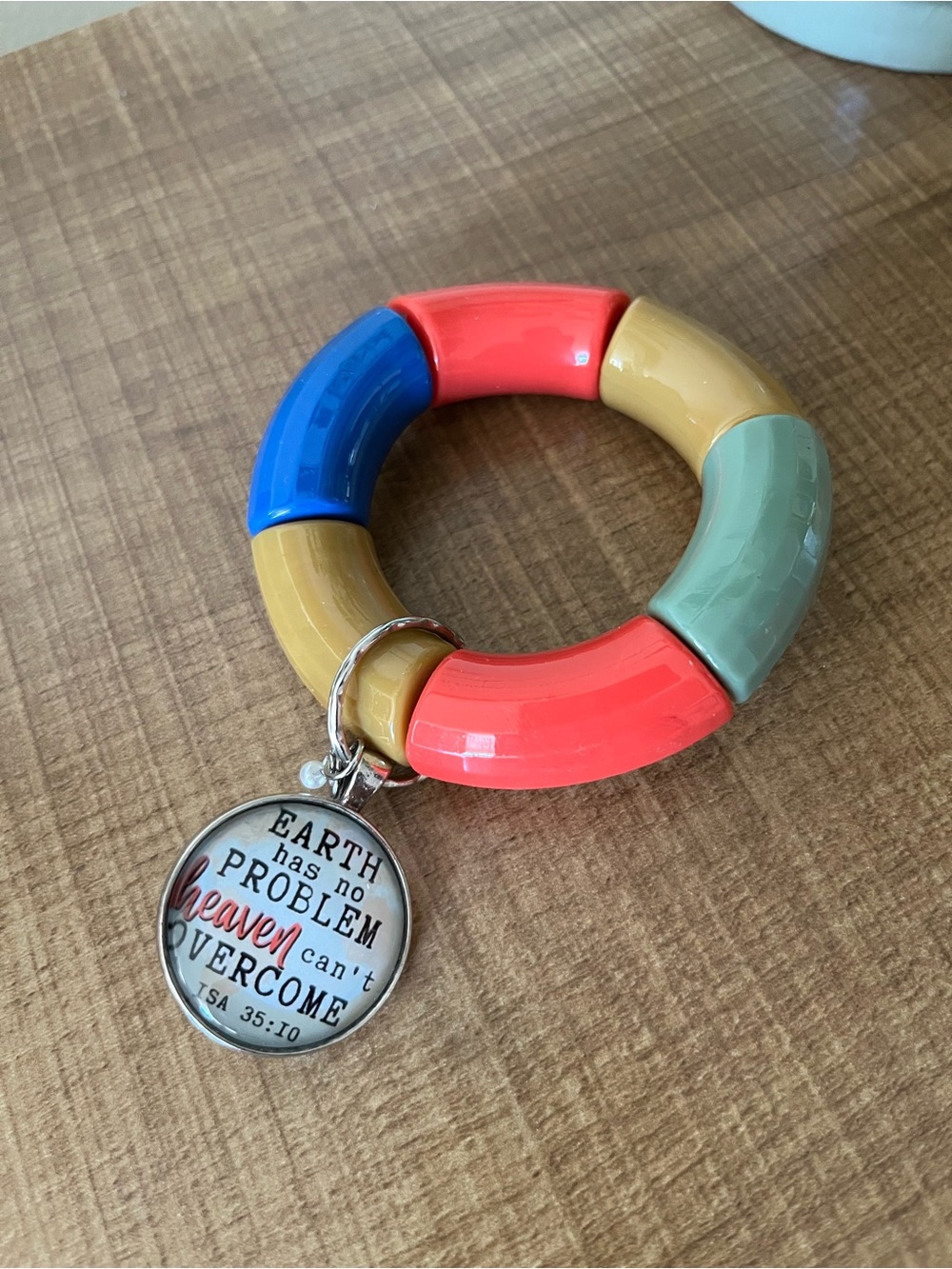 Colorblock Resin elastic bracelet Keyring with Inspirational Charm